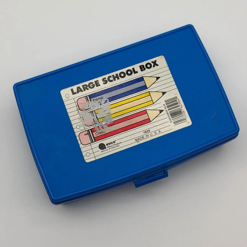 Vintage Evco Blue Plastic Large School Box 625 Made in USA Pencil Case Retro